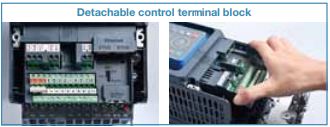 Toshiba frequency inverter VF-AS3 series has detachable control terminal block.